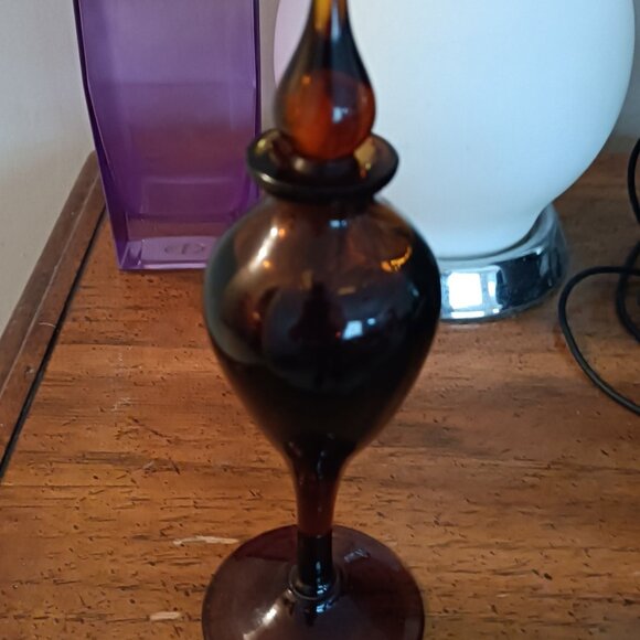 Vintage Art Glass Perfume Bottle Amber Large Glass Stopper - Picture 4 of 6